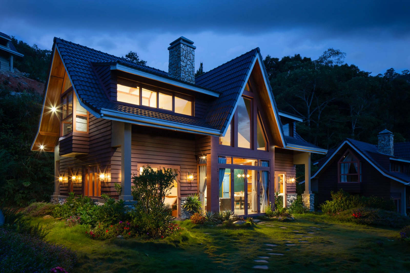 Completed residential roof at dusk